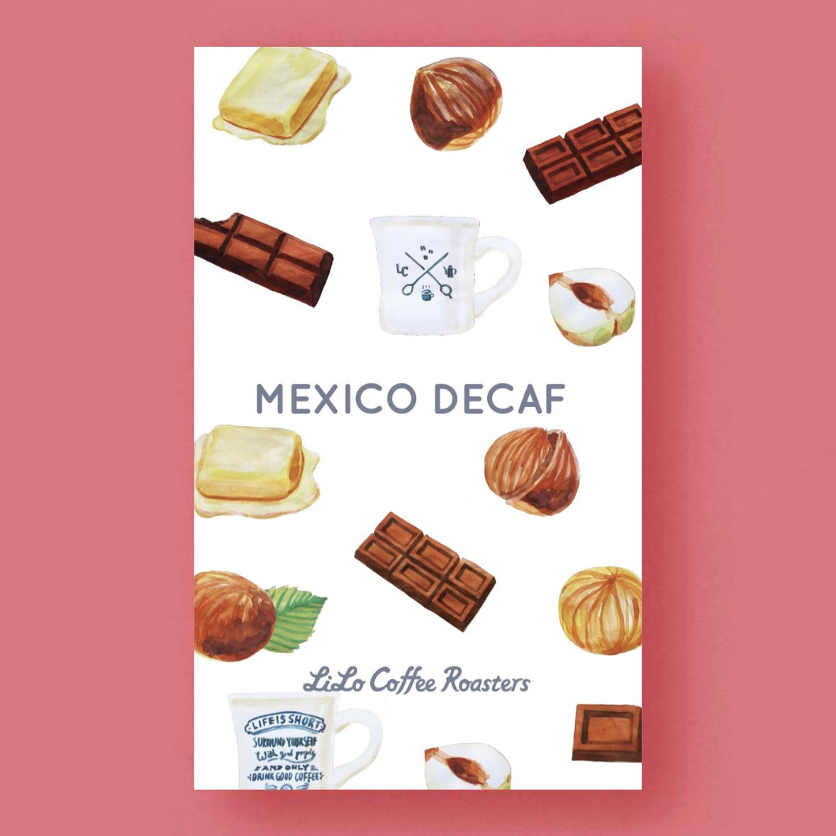 Illustrated tasting notes label for LILO - El Triunfo - Mexico Decaf- Mountain Water - Arabica