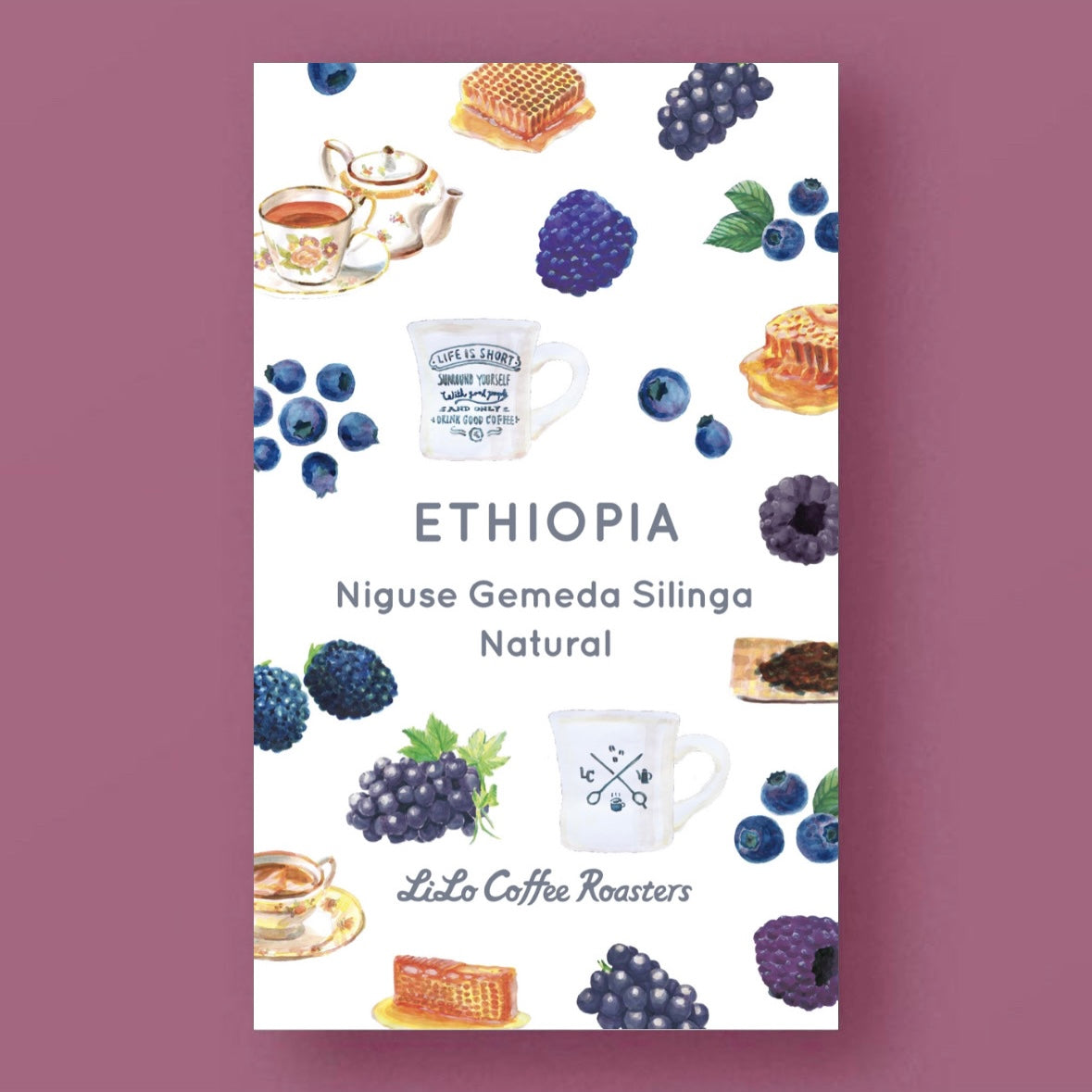 Illustrated tasting notes label for LILO - Niguse Gemeda Silinga - Ethiopia - Natural