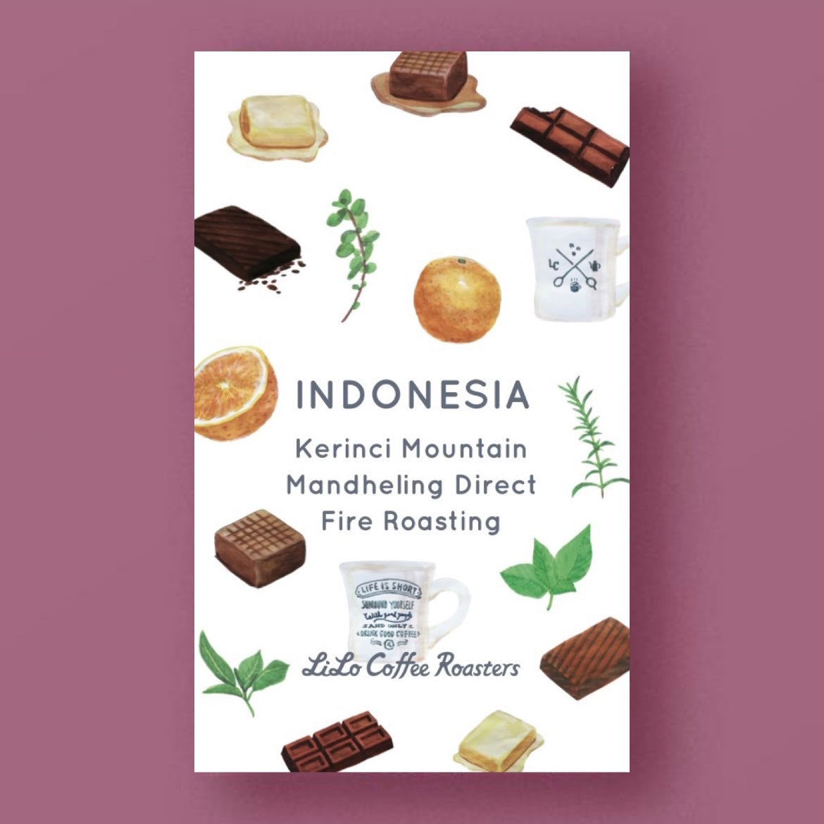 Illustrated tasting notes label for LILO - Kerinci Mountain Mandheling Direct Fire Roasting