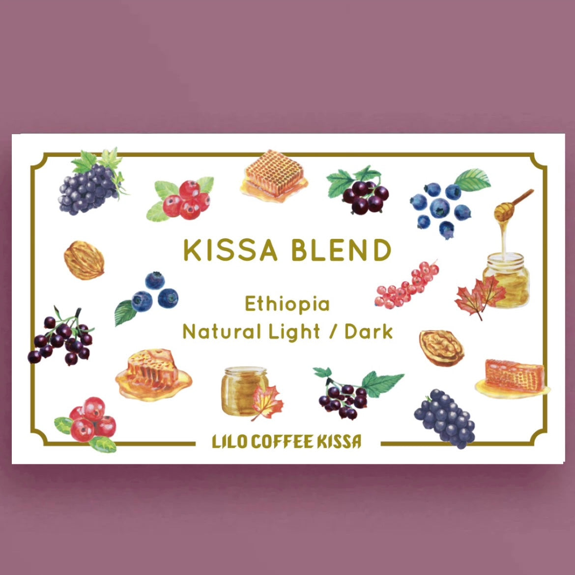 Illustrated tasting notes label for LILO - KISSA Blend - Ethiopia
