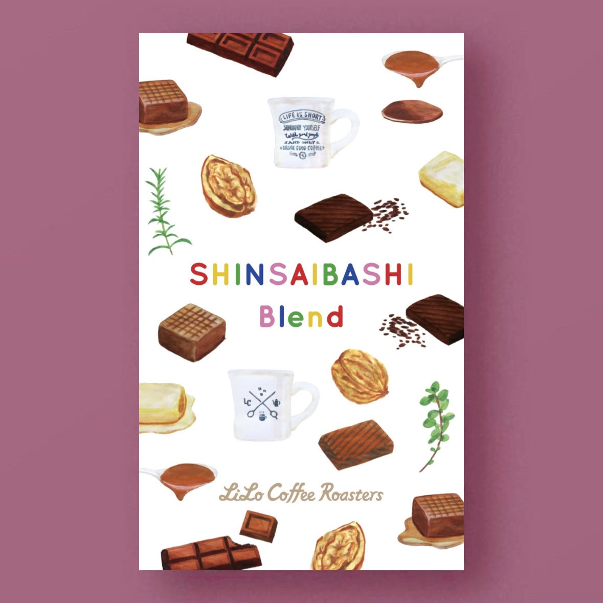 Illustrated tasting notes label for LILO - SHINSAIBASHI Blend - Indonesia, East Timor, Ethiopia
