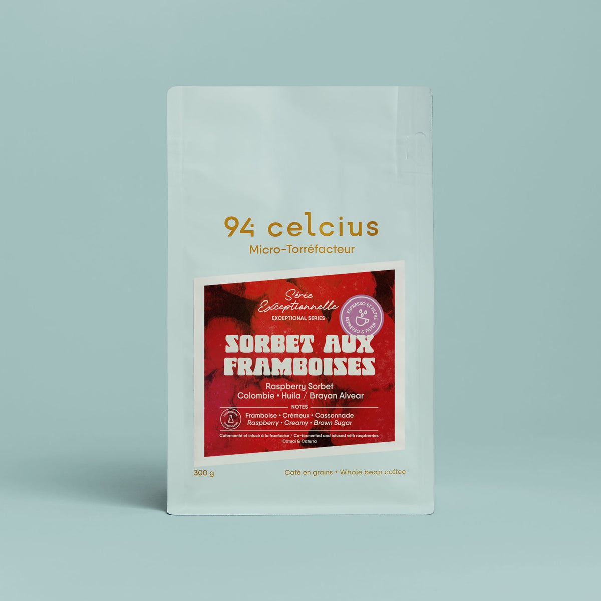 Coffee packaging for 94 Celcius - Sorbet Aux Framboises