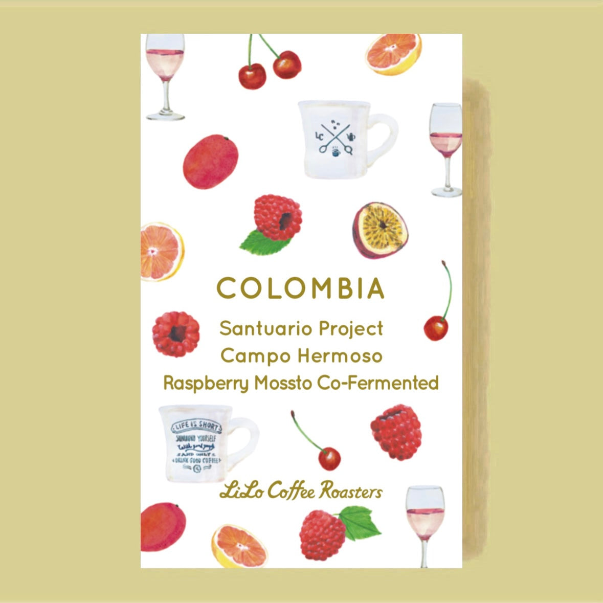 Illustrated tasting notes label for LiLo Coffee Roasters - Colombia Santuario Raspberry Co-Ferment