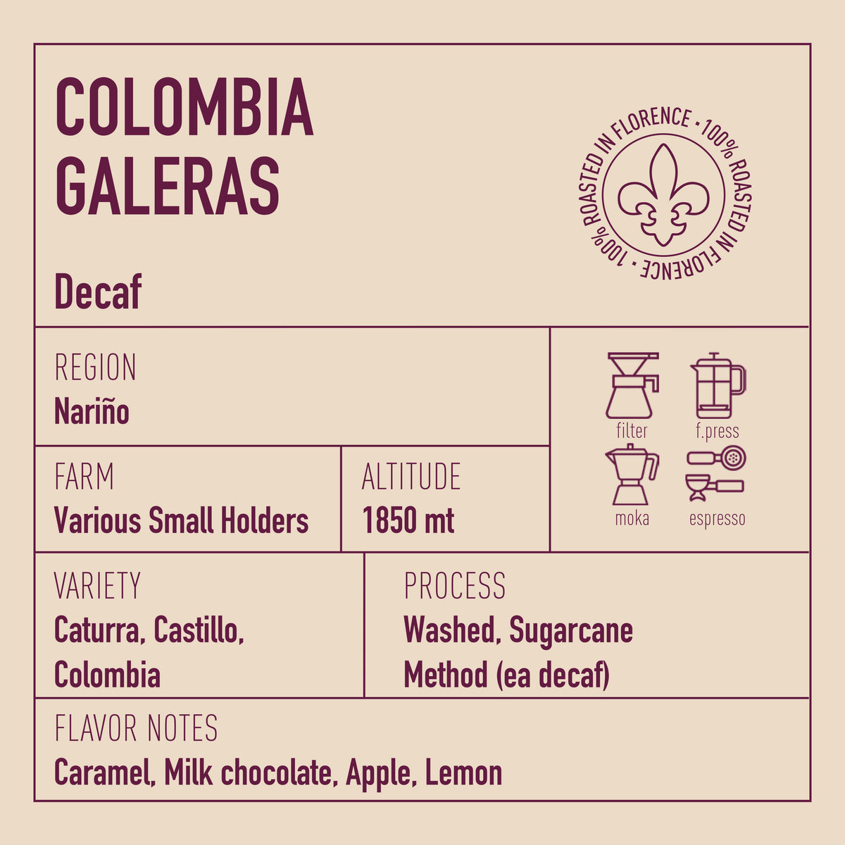 Ditta Artigianale - Galeras Decaf - Colombia - Sugarcane Decaf - roaster tasting notes and coffee information