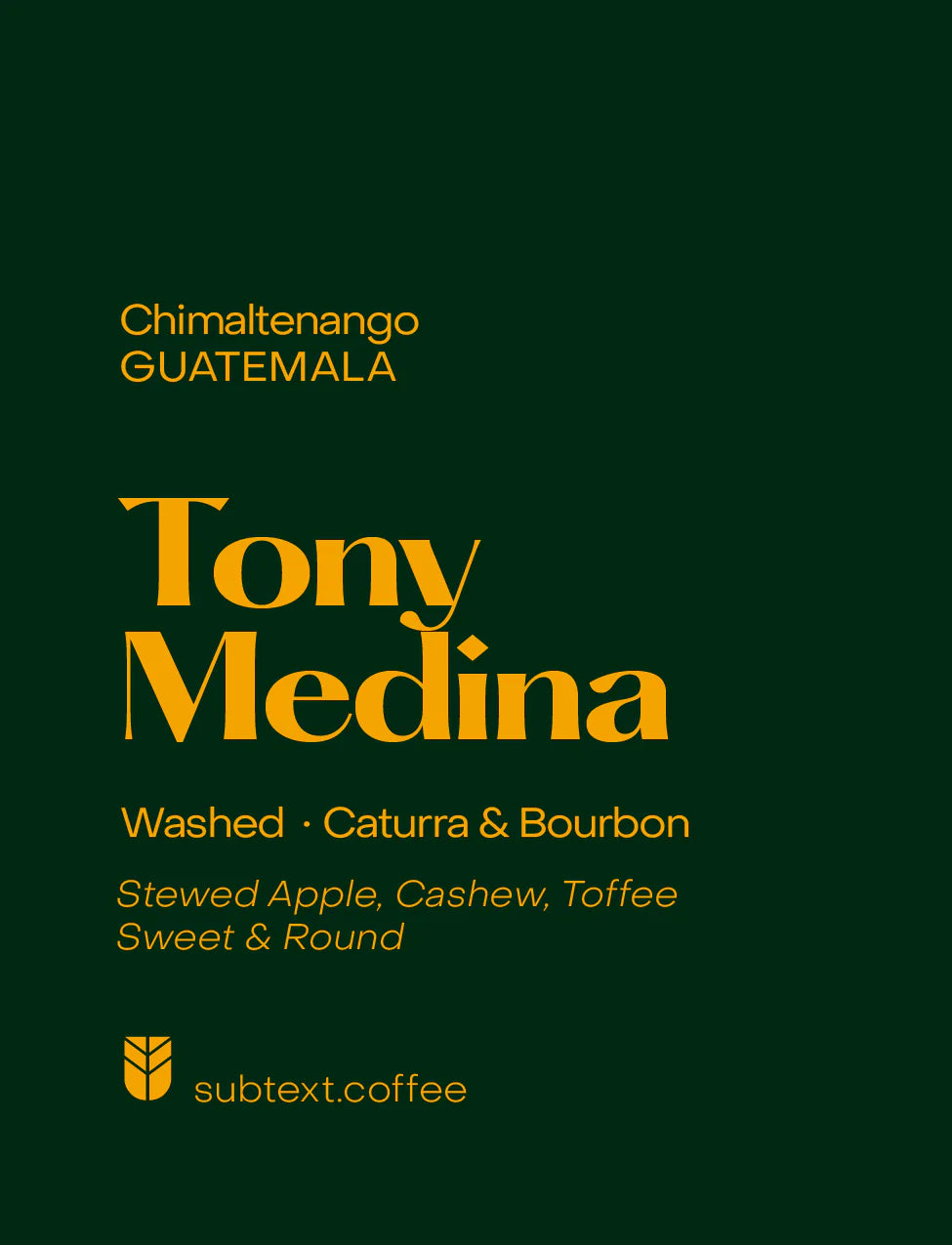 Subtext Coffee Roasters - Guatemala Tony Medina Espresso Récolte Précoce