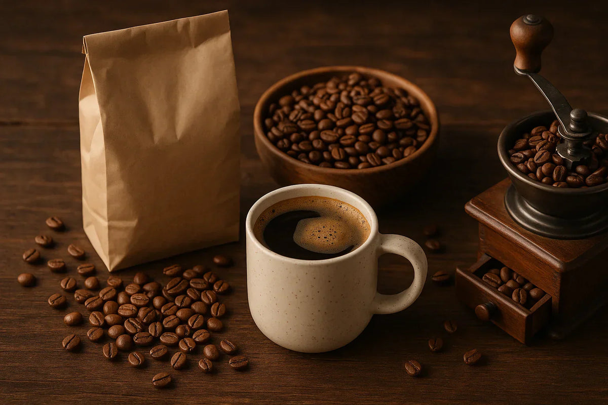 Coffee beans, a cup of coffee and a hand grinder on a wooden table