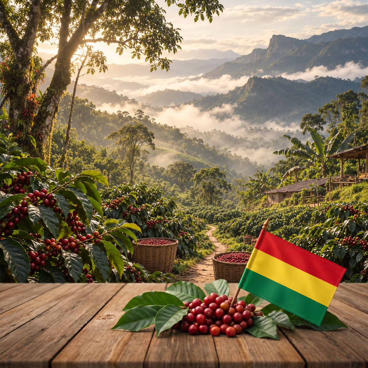 Bolivian coffee plantation with Bolivia flag