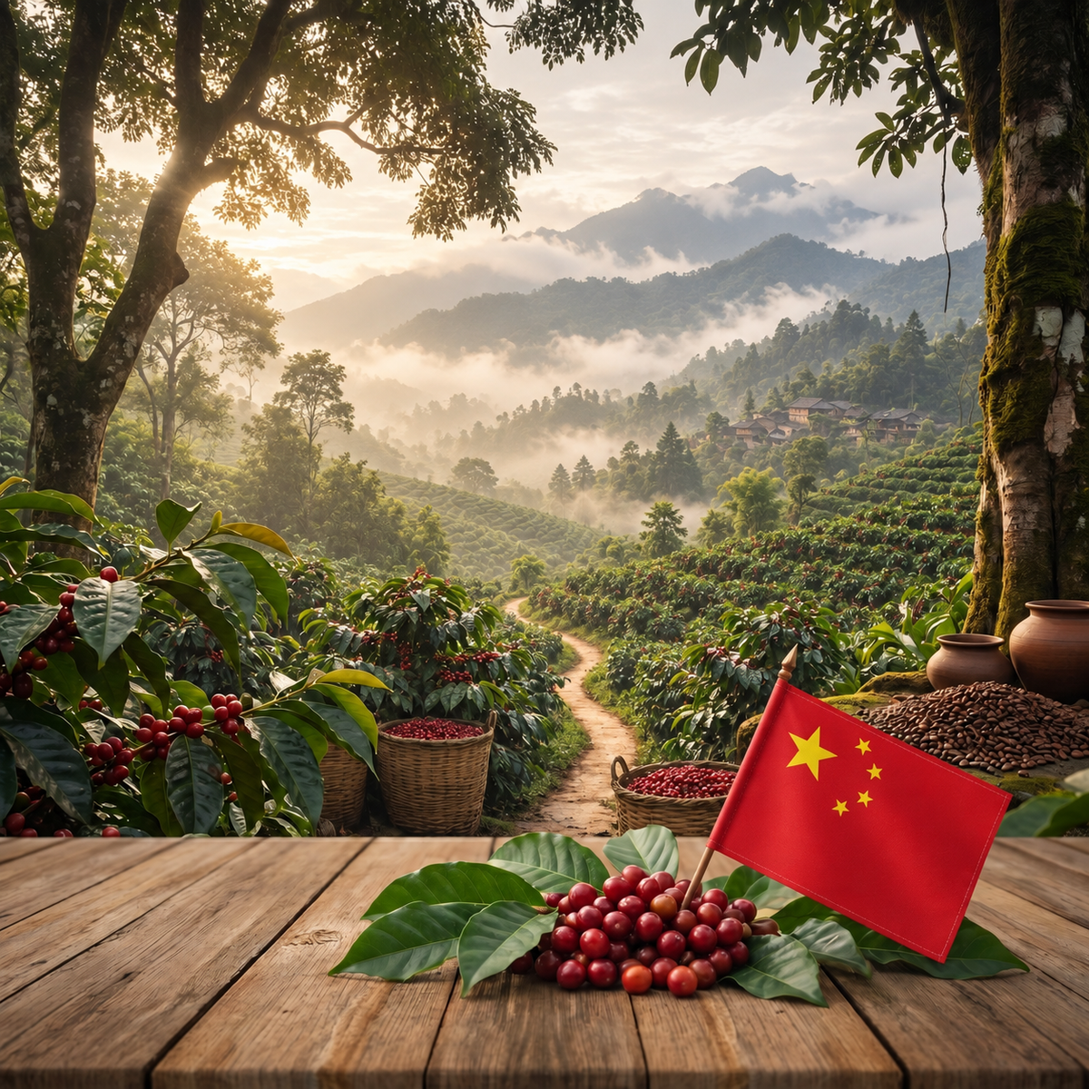 Yunnan coffee plantation with China flag