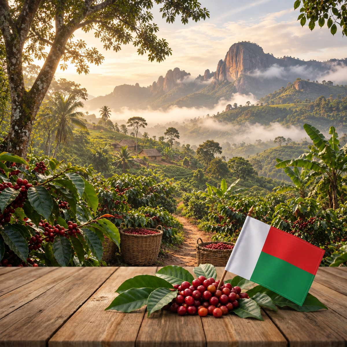 Madagascar coffee plantation with Madagascar flag