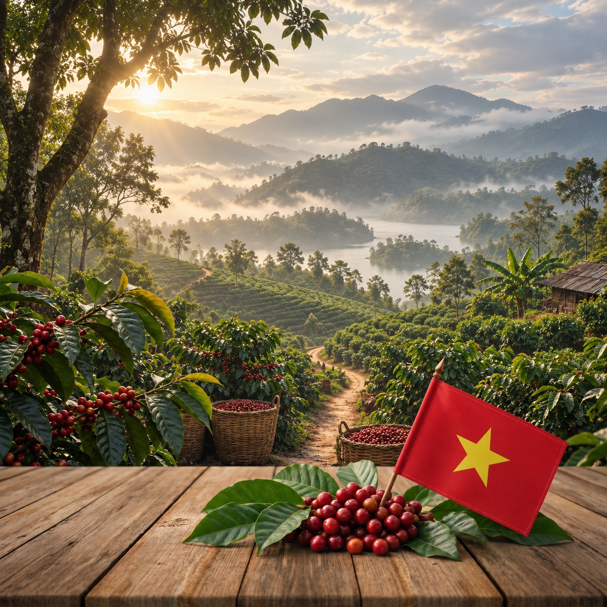 Vietnamese coffee plantation with Vietnam flag