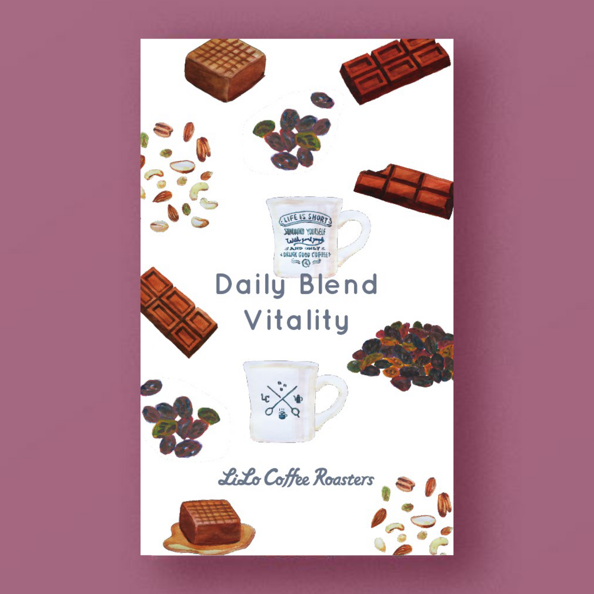 Illustrated tasting notes label for LILO - Vitality Blend - Bolivia, Guatemala, Ethiopia