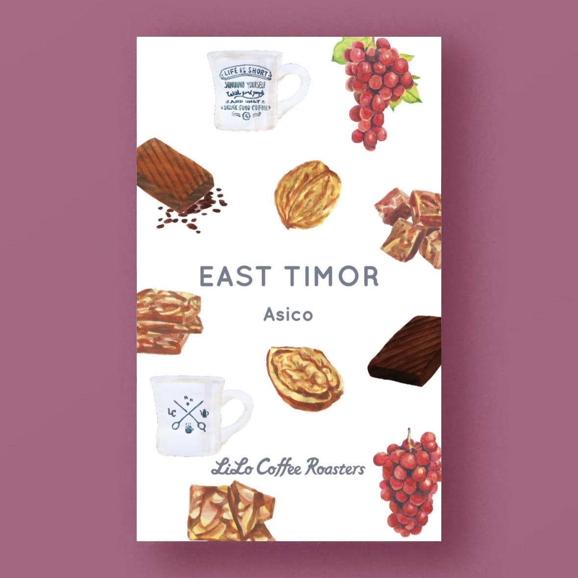 Illustrated tasting notes label for LILO - Asico - EAST TIMOR - Hybrid Timor- Washed