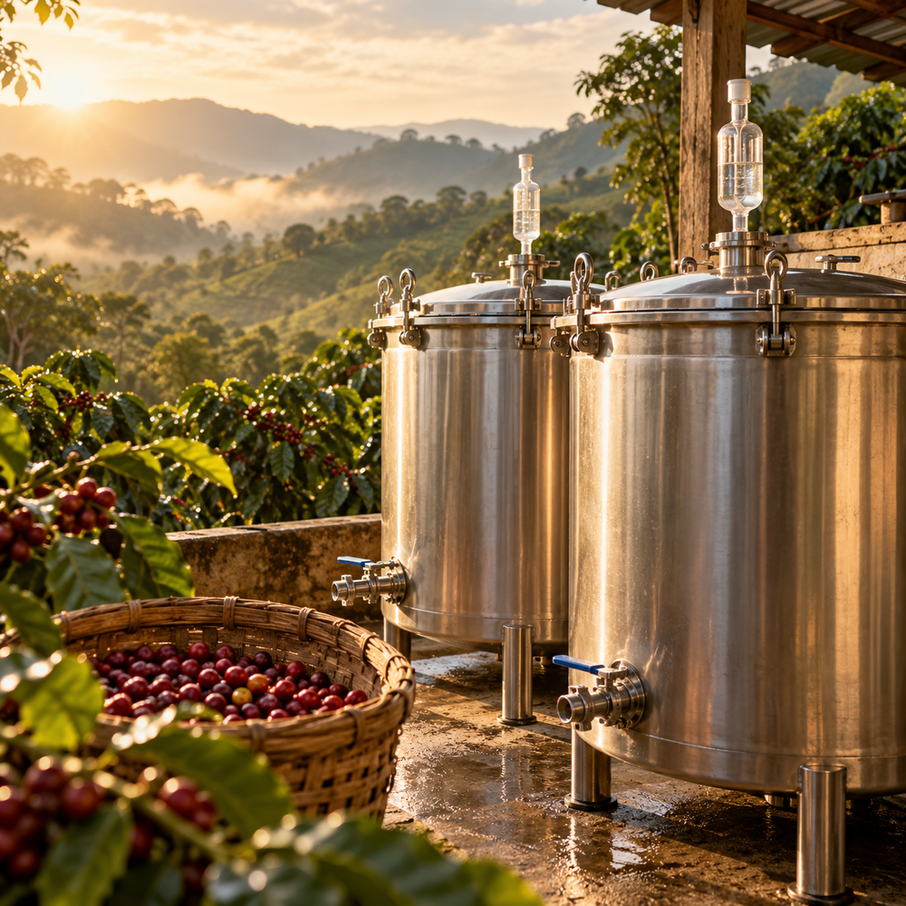Closed fermentation vessels at a coffee mill