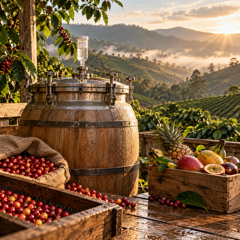 Coffee fermentation vessel beside fruit and coffee cherries