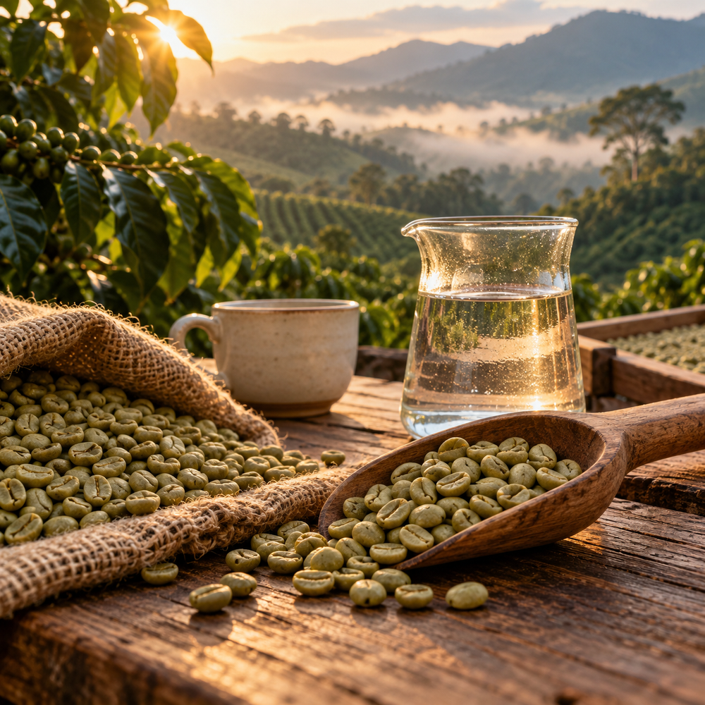 Green coffee beans beside water and a cup of coffee