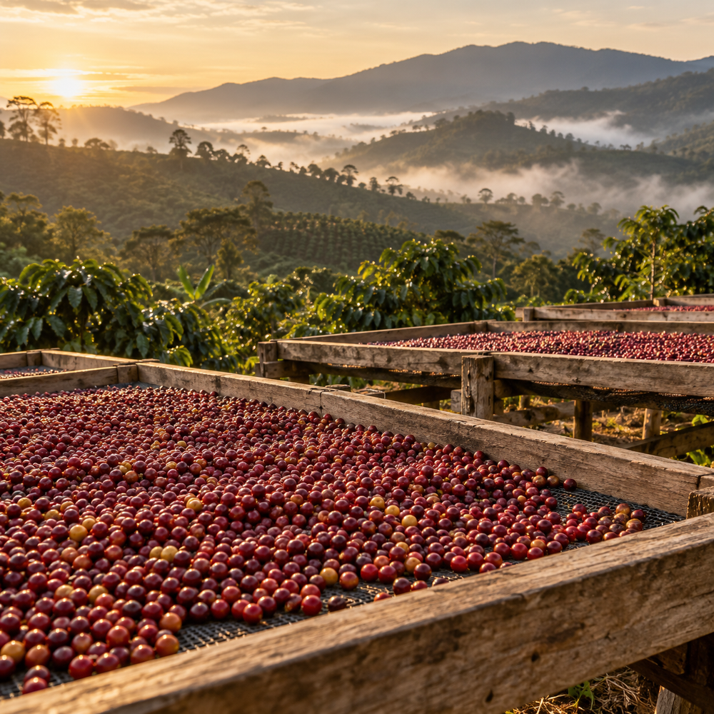 Whole coffee cherries drying on raised beds