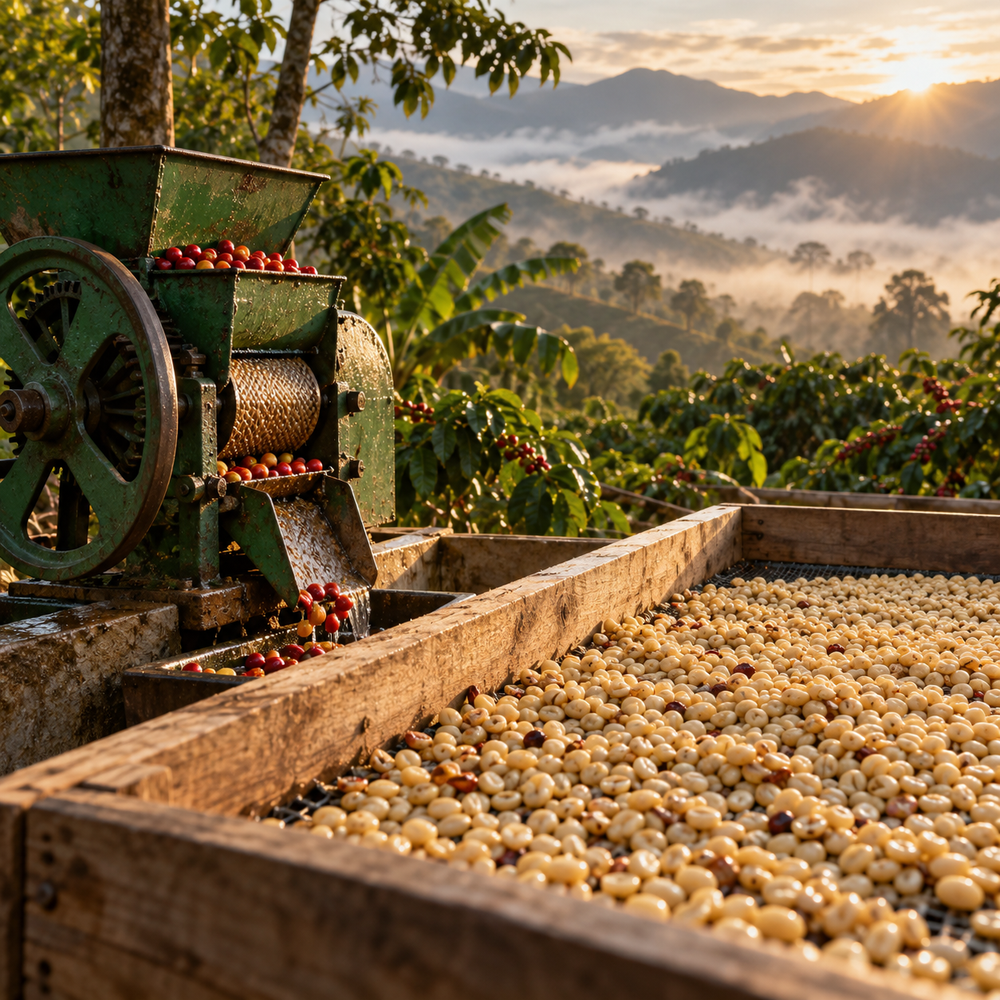 Coffee depulper and parchment drying at a mill