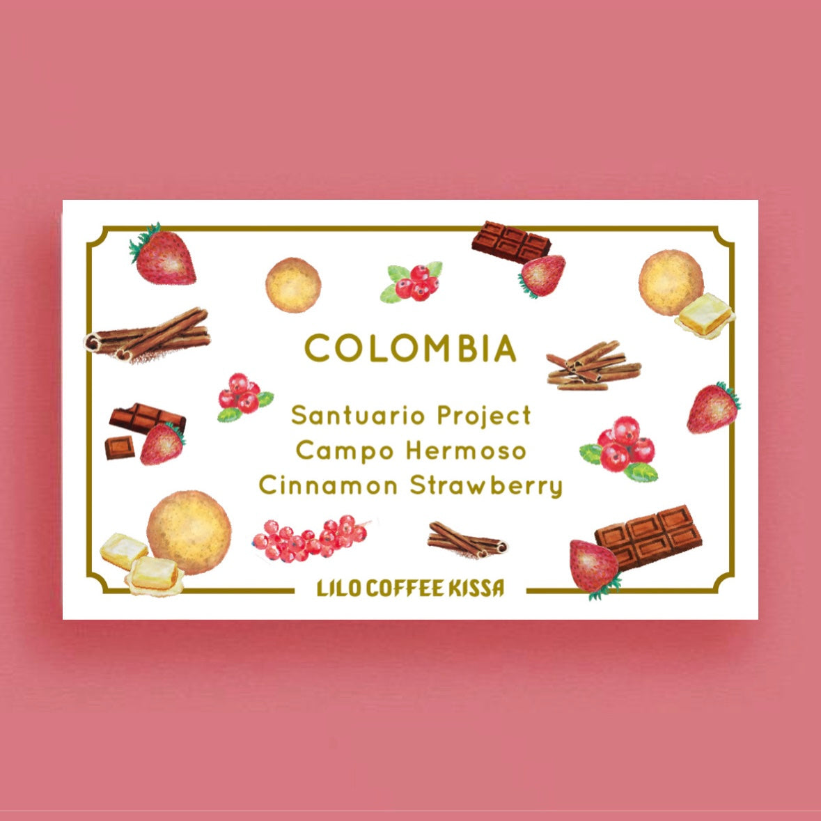 Official LiLo coffee label for LiLo Coffee Roasters – Kissa Campo Hermoso Cinnamon Strawberry – Colombia – Co-Fermented – 200g