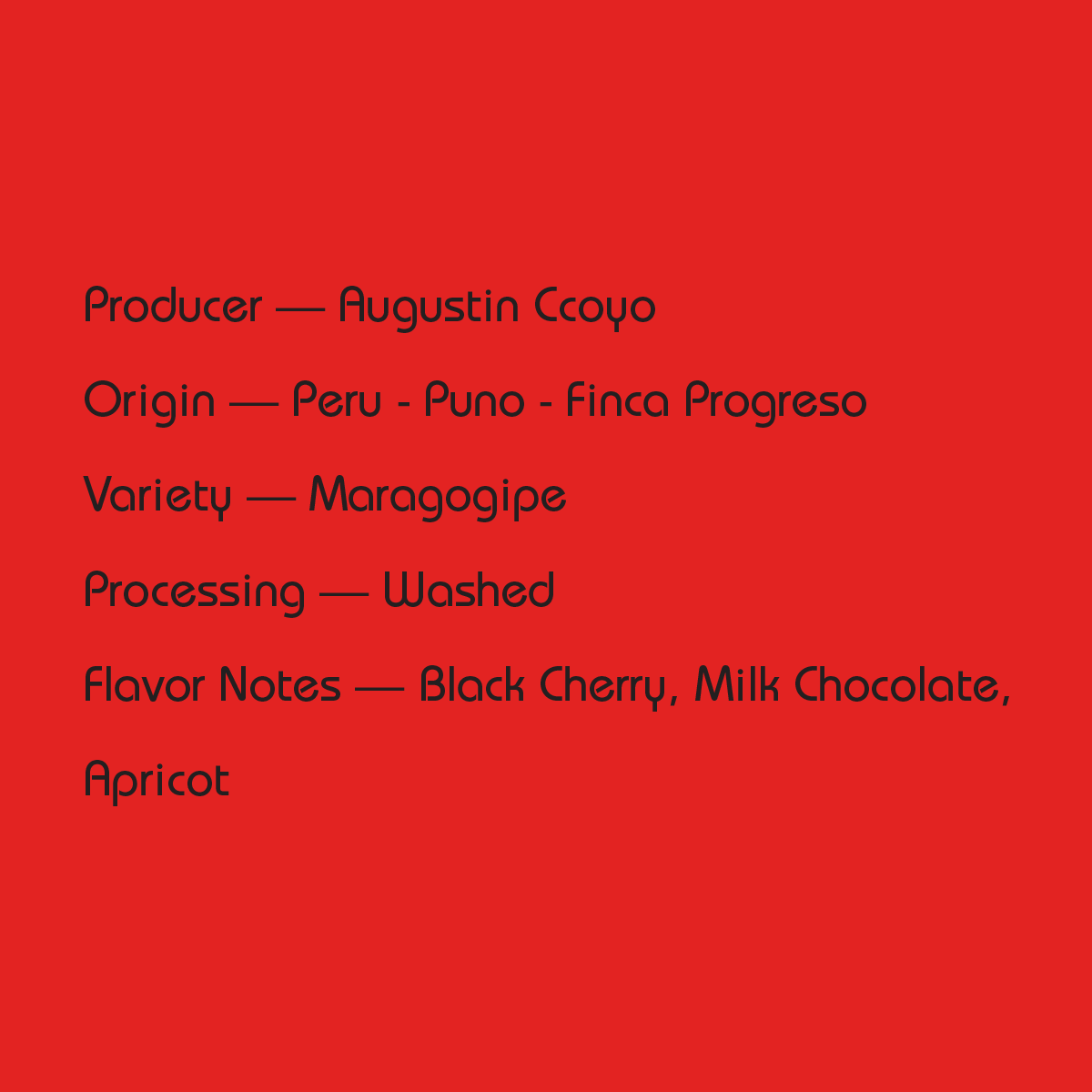 Mirra Coffee Augustin Ccoyo - Peru - Washed Maragogipe - Secret Collab tasting notes and origin